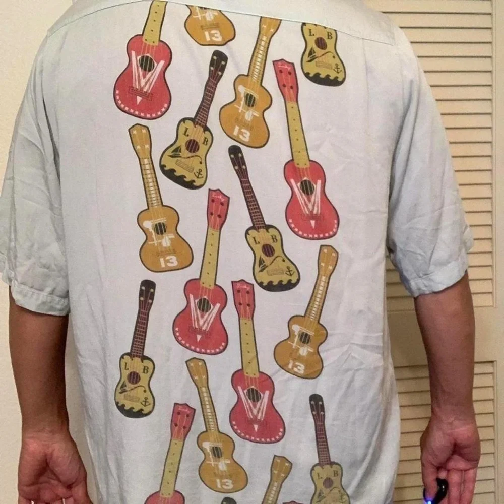 VINTAGE ORIGINAL HAWAIIAN SHIRT BLUE UKULELE ICON VACATION SUMMER FALL
